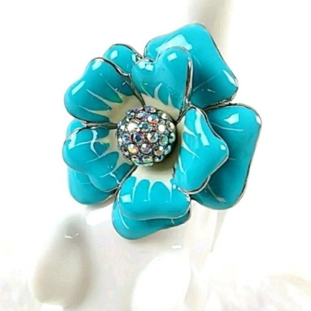 Blue Flower Statement Ring Stainless Steel